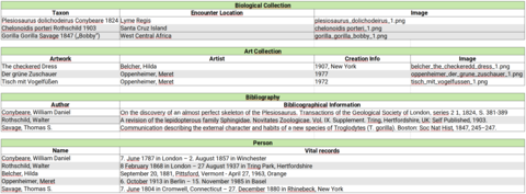 Table 1: Information about the objects of the museum
