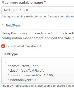 JSON configuration utilized to customize the indexing and searching analyzers based on the chosen Field Type. 