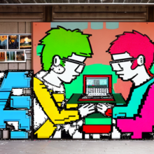 Colorful street art of two people sitting in front of a computer.