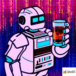 A robot serving a glass full of data. Painted in synthwave style.